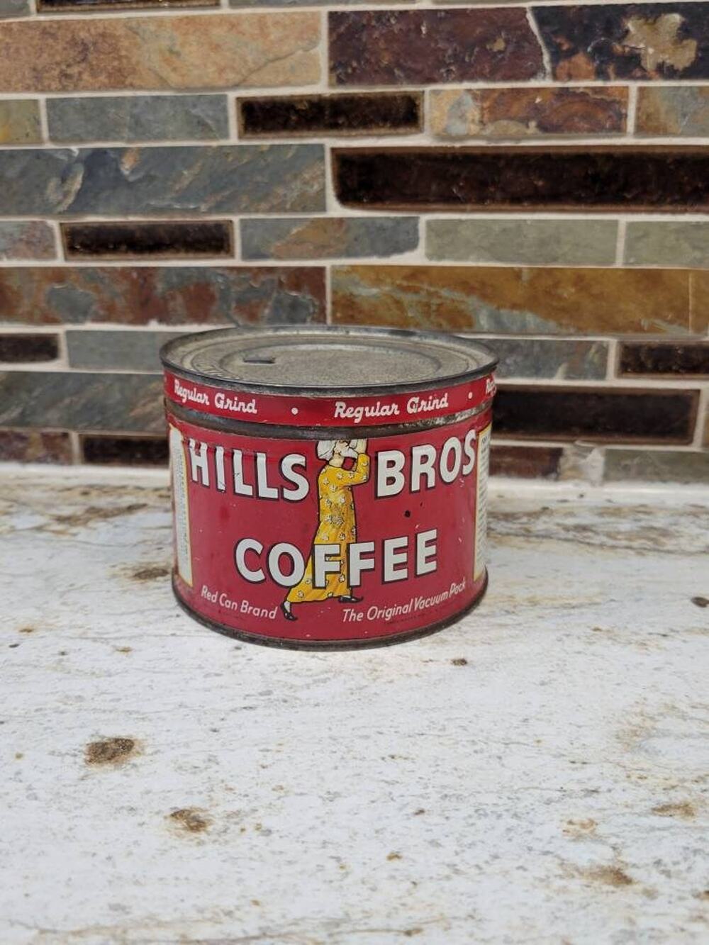 Vintage Hills Bros Coffee Tin 1/2 lb Small Red Advertising Can Lid 1952 Decor